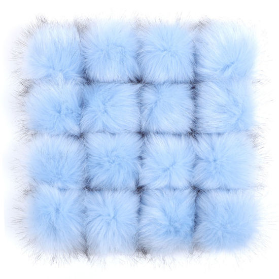 Image de Pompon en Fibre Artificielle Bleu Ciel Balle Fausse Fourrure de Renard Avec élastique 8cm Dia., 6 Pcs