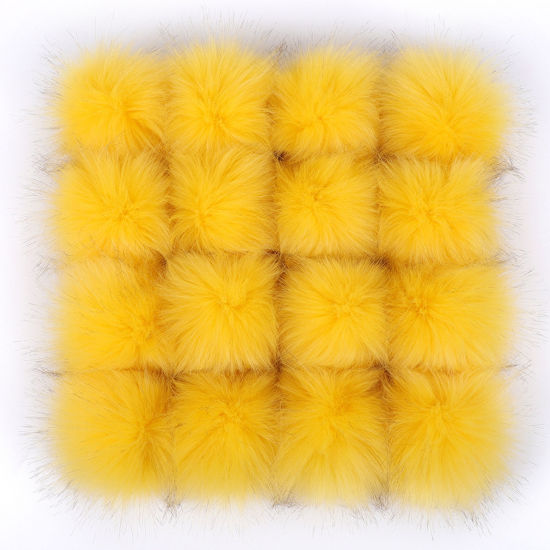 Picture of Artificial Fiber Gummiband Gummiband Pom Pom Balls With Rubber Band Yellow Ball Faux Fox Fur 8cm Dia., 6 PCs