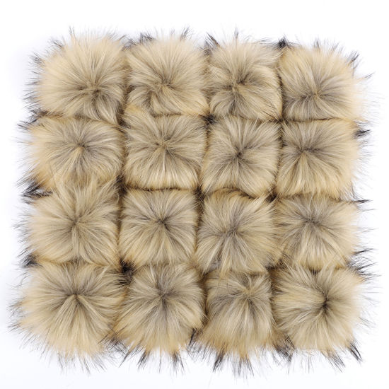 Picture of Artificial Fiber Gummiband Gummiband Pom Pom Balls With Rubber Band Light Brown Ball Faux Fox Fur 8cm Dia., 6 PCs