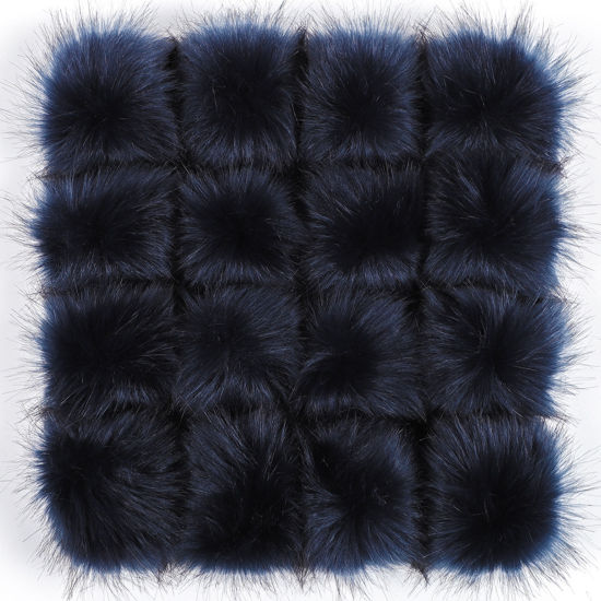 Picture of Artificial Fiber Gummiband Gummiband Pom Pom Balls With Rubber Band Navy Blue Ball Faux Fox Fur 8cm Dia., 6 PCs