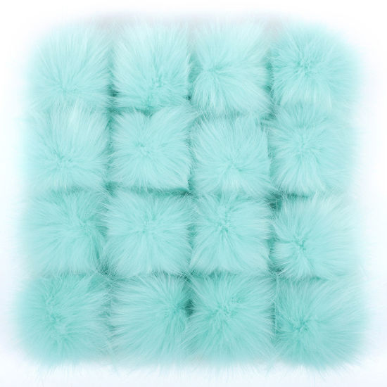 Picture of Artificial Fiber Gummiband Gummiband Pom Pom Balls With Rubber Band Mint Green Ball Faux Fox Fur 8cm Dia., 6 PCs