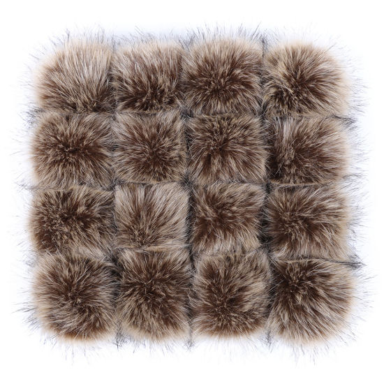 Picture of Artificial Fiber Gummiband Gummiband Pom Pom Balls With Rubber Band Brown Ball Faux Fox Fur 8cm Dia., 6 PCs