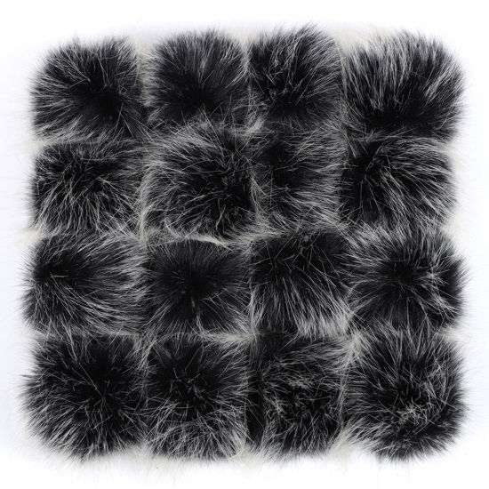 Image de Pompon en Fibre Artificielle Noir & Blanc Balle Fausse Fourrure de Renard Avec élastique 8cm Dia., 6 Pcs