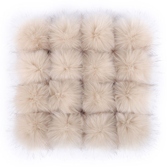 Picture of Artificial Fiber Gummiband Gummiband Pom Pom Balls With Rubber Band Apricot Beige Ball Faux Fox Fur 8cm Dia., 6 PCs