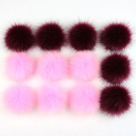 Bild von Kunstfaser Pompon Bommel Hellrosa & Rotweinfarben Rund Fake-Fuchspelz 10cm Dia., 1 Packung （ 12 Stück/Paket)