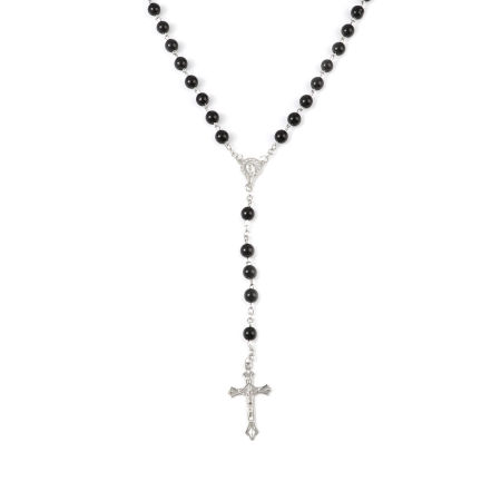 1 Piece Prayer Beads Rosary Necklace Silver Tone Black Cross 80cm(31 4/8") long