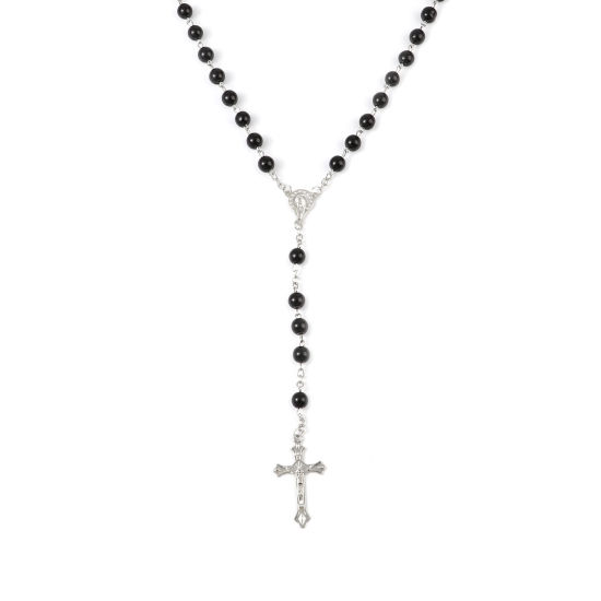 Picture of 1 Piece Prayer Beads Rosary Necklace Silver Tone Black Cross 80cm(31 4/8") long