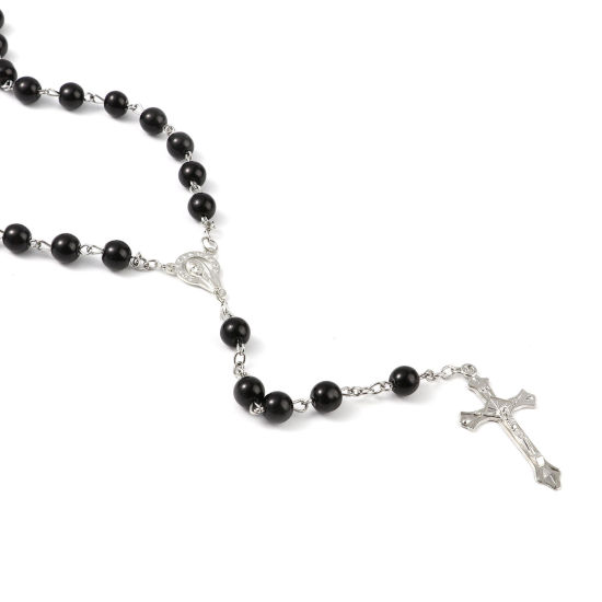 Picture of 1 Piece Prayer Beads Rosary Necklace Silver Tone Black Cross 80cm(31 4/8") long