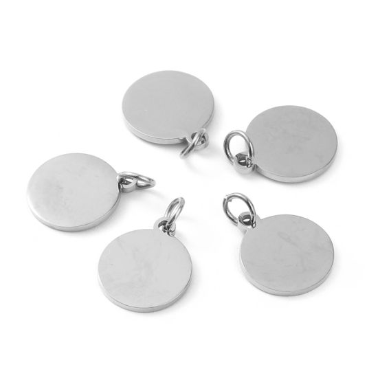 Picture of Stainless Steel Blank Stamping Tags Charms Round Silver Tone One-sided Polishing 18mm x 12mm, 2 PCs