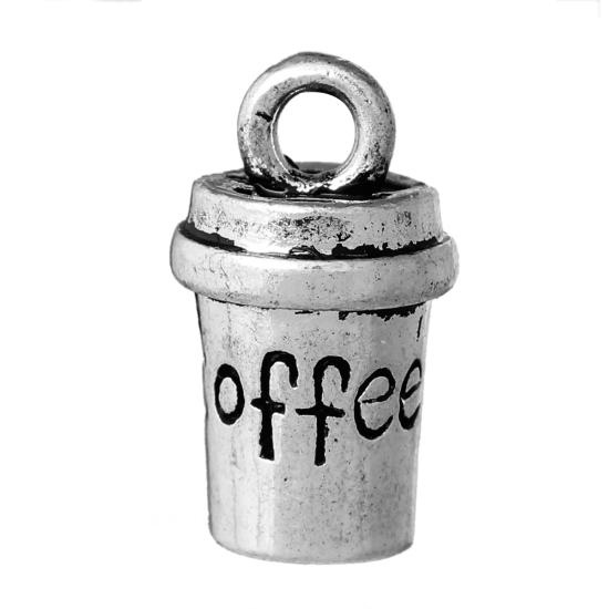 Picture of Zinc Based Alloy 3D Charms Cup Tableware Antique Silver Color Message " COFFEE " Carved 15mm( 5/8") x 8mm( 3/8"), 10 PCs