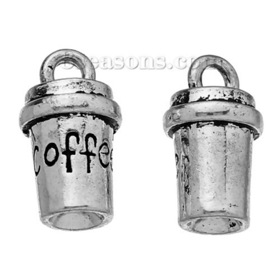 Picture of Zinc Based Alloy 3D Charms Cup Tableware Antique Silver Color Message " COFFEE " Carved 15mm( 5/8") x 8mm( 3/8"), 10 PCs