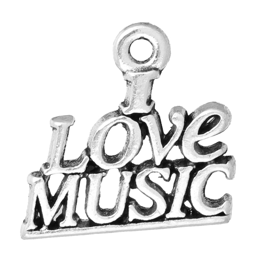 Picture of Zinc Based Alloy Charms Message " Love Music " Antique Silver Color 19mm( 6/8") x 18mm( 6/8"), 20 PCs