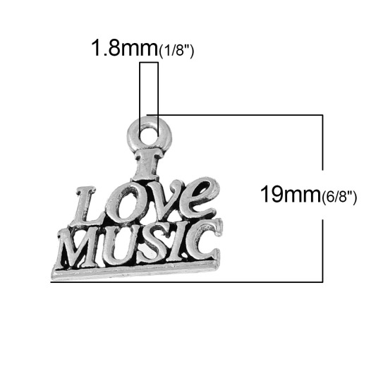 Picture of Zinc Based Alloy Charms Message " Love Music " Antique Silver Color 19mm( 6/8") x 18mm( 6/8"), 20 PCs