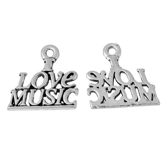 Picture of Zinc Based Alloy Charms Message " Love Music " Antique Silver Color 19mm( 6/8") x 18mm( 6/8"), 20 PCs