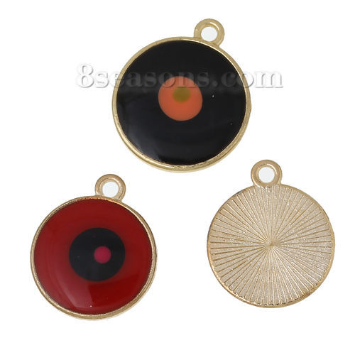 Imagen de Colgantes Aleación del Metal Del Zinc Ronda Mal de ojo Oro Mate y Al Azar Esmalte 22mmx 19mm, 5 Unidades