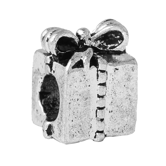 Picture of Zinc Metal Alloy European Style Large Hole Charm Beads Christmas Gift Box Antique Silver Bowknot Pattern About 11mm( 3/8") x 8.0mm( 3/8"), Hole: Approx 4.6mm, 10 PCs