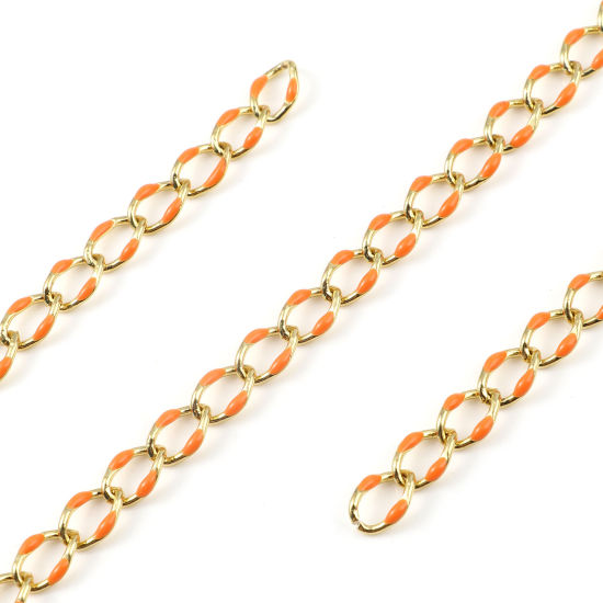 Bild von Messing Kette Emaille Panzerkette Kette Zubehör Oval Vergoldet Orange 11x7mm, 1 Meter                                                                                                                                                                         