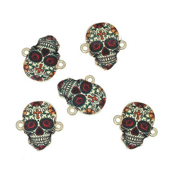 Imagen de Dia de los Muertos Conectores Aleación del Metal Del Zinc de Halloween Cráneo Azúcar , Multicolor y Oro Claro Cruz 20mm x 18mm, 10 Unidades