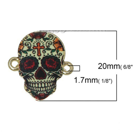 Imagen de Dia de los Muertos Conectores Aleación del Metal Del Zinc de Halloween Cráneo Azúcar , Multicolor y Oro Claro Cruz 20mm x 18mm, 10 Unidades