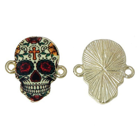 Imagen de Dia de los Muertos Conectores Aleación del Metal Del Zinc de Halloween Cráneo Azúcar , Multicolor y Oro Claro Cruz 20mm x 18mm, 10 Unidades