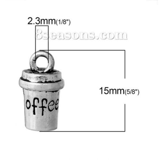 Picture of Zinc Based Alloy 3D Charms Cup Tableware Antique Silver Color Message " COFFEE " Carved 15mm( 5/8") x 8mm( 3/8"), 10 PCs