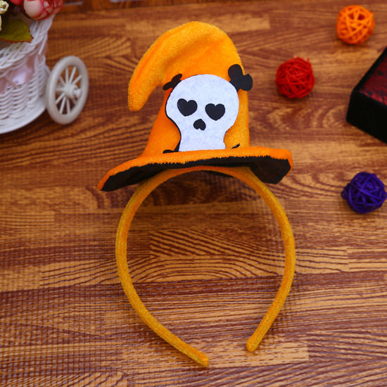 Picture of Plastic & Velvet Headband Halloween Witch Hat Orange Skull Pattern 23cm x 11.5cm, 1 Piece