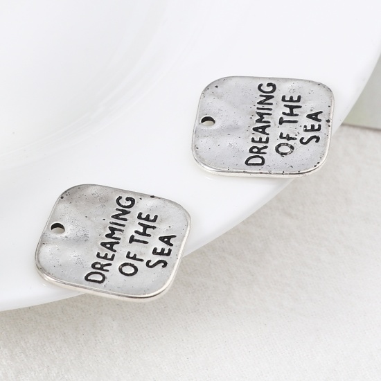 Bild von Zinklegierung Charms Quadrat Antiksilber Message " DREAMING OF THE SEA " 19mm x 18mm, 20 Stück