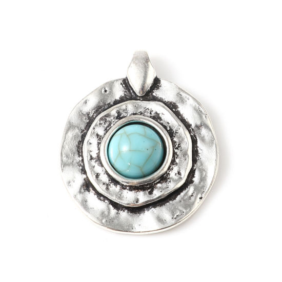 Bild von Zinklegierung + Harz Böhmischer Stil Charms Rund Antiksilber Cyan Imitat Howlith 27mm x 23mm, 5 Stück
