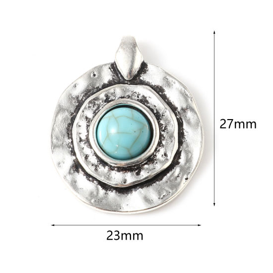 Bild von Zinklegierung + Harz Böhmischer Stil Charms Rund Antiksilber Cyan Imitat Howlith 27mm x 23mm, 5 Stück