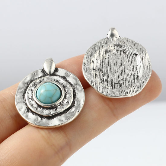 Bild von Zinklegierung + Harz Böhmischer Stil Charms Rund Antiksilber Cyan Imitat Howlith 27mm x 23mm, 5 Stück