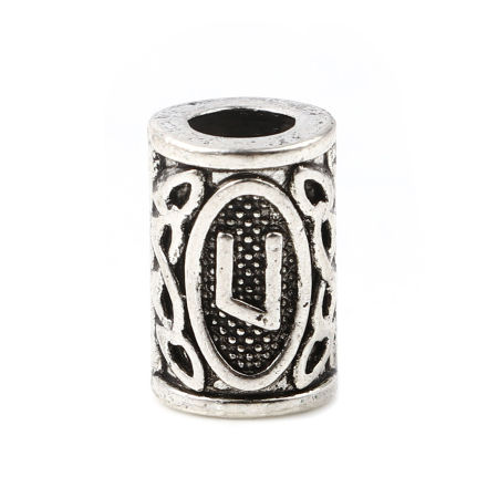 Picture of Zinc Based Alloy Spacer Hair Braiding Dreadlock Beads Cylinder Antique Silver Color Viking Rune About 13mm x 8mm, Hole: Approx 4.7mm, 30 PCs