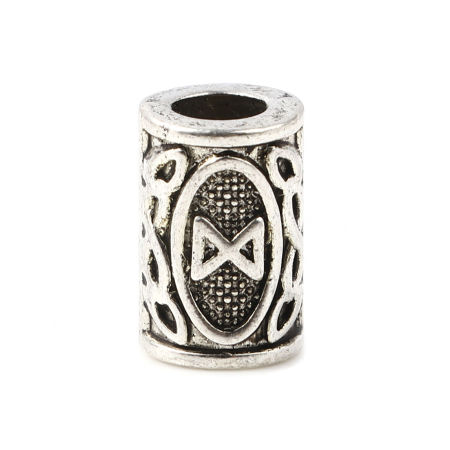 Picture of Zinc Based Alloy Spacer Hair Braiding Dreadlock Beads Cylinder Antique Silver Color Viking Rune About 13mm x 8mm, Hole: Approx 4.7mm, 30 PCs