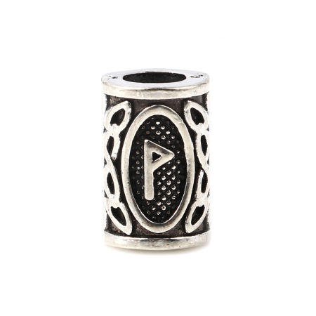 Picture of Zinc Based Alloy Spacer Hair Braiding Dreadlock Beads Cylinder Antique Silver Color Viking Rune About 13mm x 8mm, Hole: Approx 4.7mm, 30 PCs