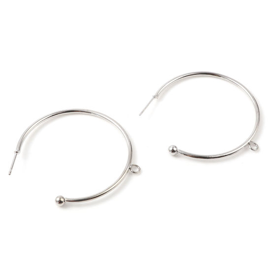 Picture of Zinc Based Alloy Hoop Earrings Findings Silver Tone C Shape W/ Loop 48mm x 45mm, Post/ Wire Size: (21 gauge), 10 PCs