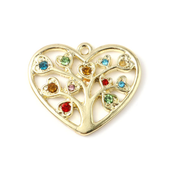 Immagine di Lega di Zinco Ciondoli Cuore Oro Placcato Albero di Vita Multicolore Strass 30mm x 26mm , 5 Pz