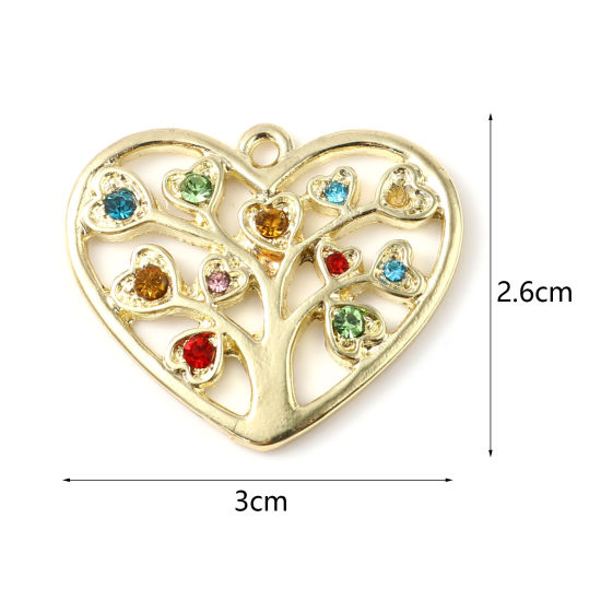 Immagine di Lega di Zinco Ciondoli Cuore Oro Placcato Albero di Vita Multicolore Strass 30mm x 26mm , 5 Pz