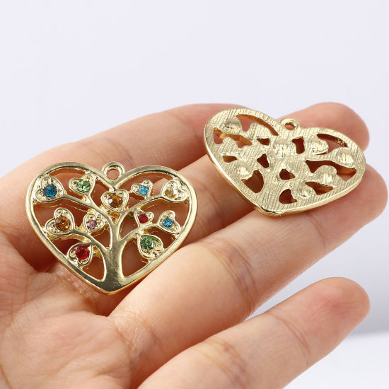 Immagine di Lega di Zinco Ciondoli Cuore Oro Placcato Albero di Vita Multicolore Strass 30mm x 26mm , 5 Pz