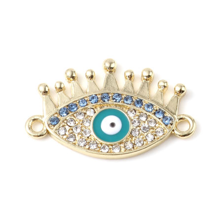 Image de Connecteurs Religieux en Alliage de Zinc Mauvais Œil Doré Émail à Strass Transparent & Bleu 31mm x 19mm, 2 Pcs