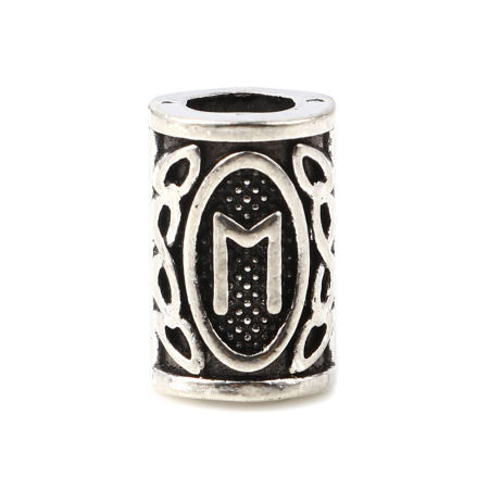 Picture of Zinc Based Alloy Spacer Hair Braiding Dreadlock Beads Cylinder Antique Silver Color Viking Rune About 13mm x 8mm, Hole: Approx 4.7mm, 30 PCs