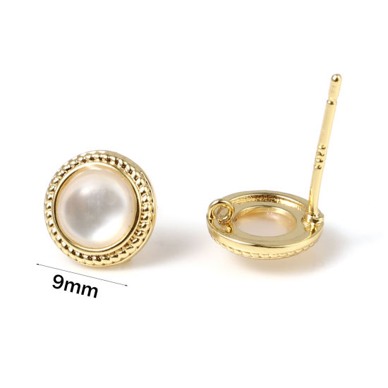 真鍮+アクリル イヤリング 18K リアルゴールドメッキ 白 円形 ループ付き 9mm直径、 ワイヤーサイズ: （20号）、 2 個 の画像