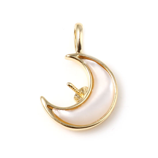 Picture of Shell & Brass Galaxy Pearl Pendant Connector Bail Pin Cap 18K Real Gold Plated White Half Moon 18mm x 13mm, 1 Piece