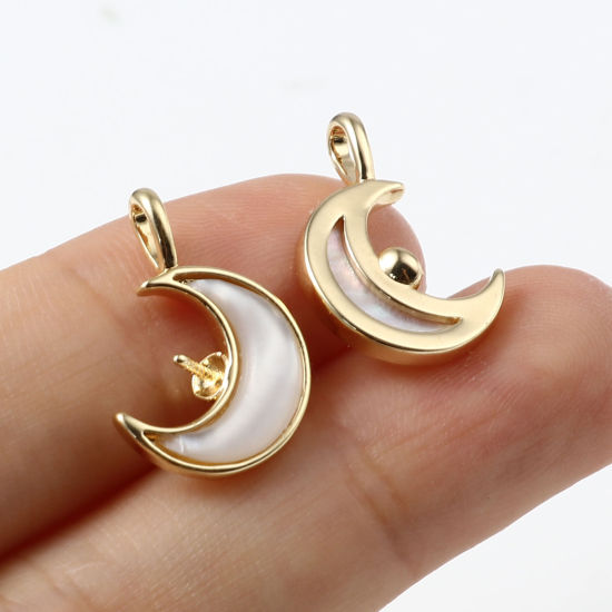 Picture of Shell & Brass Galaxy Pearl Pendant Connector Bail Pin Cap 18K Real Gold Plated White Half Moon 18mm x 13mm, 1 Piece