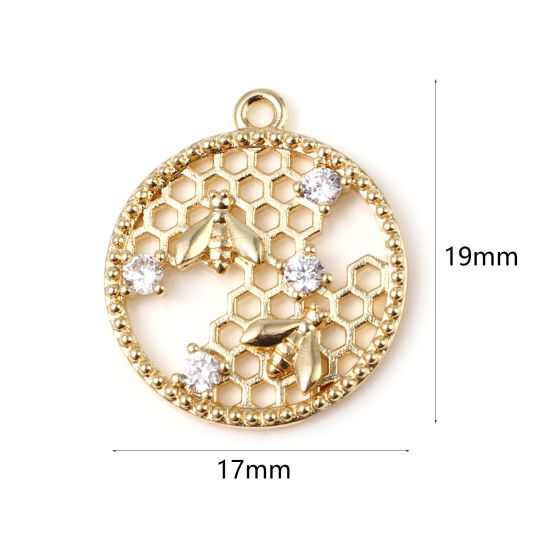 Image de Breloques Insecte en Laiton Ruche Plaqué Or Véritable 18K Rond à Strass Transparent 19mm x 17mm, 2 Pcs