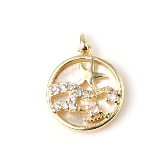 Image de 1 Pièce Pendentif Breloque Bijoux d'Océan en Laiton Rond Plaqué Or Véritable 18K Etoile de Mer à Strass Transparent 16mm x 12mm