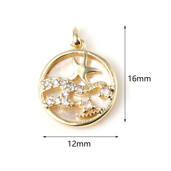 Image de 1 Pièce Pendentif Breloque Bijoux d'Océan en Laiton Rond Plaqué Or Véritable 18K Etoile de Mer à Strass Transparent 16mm x 12mm