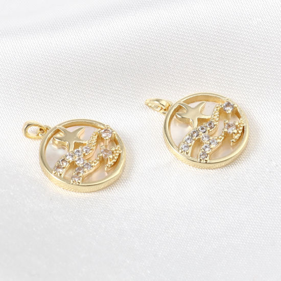Image de 1 Pièce Pendentif Breloque Bijoux d'Océan en Laiton Rond Plaqué Or Véritable 18K Etoile de Mer à Strass Transparent 16mm x 12mm