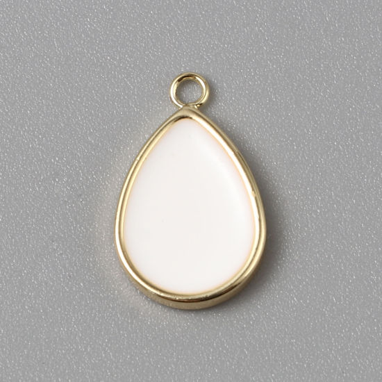 Picture of Brass Charms Drop 18K Real Gold Plated White Enamel 15mm x 10mm, 2 PCs