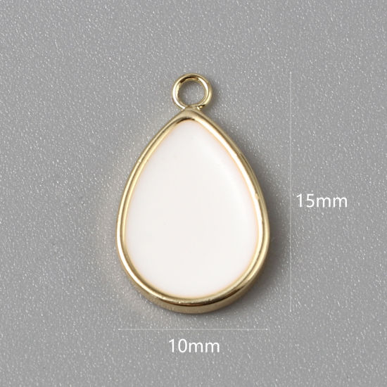 Picture of Brass Charms Drop 18K Real Gold Plated White Enamel 15mm x 10mm, 2 PCs