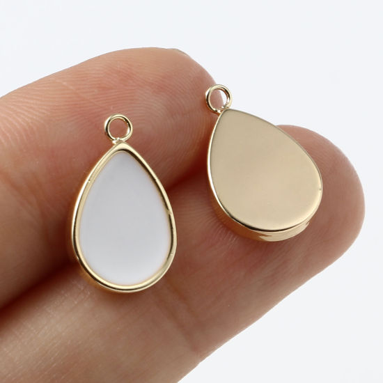 Picture of Brass Charms Drop 18K Real Gold Plated White Enamel 15mm x 10mm, 2 PCs
