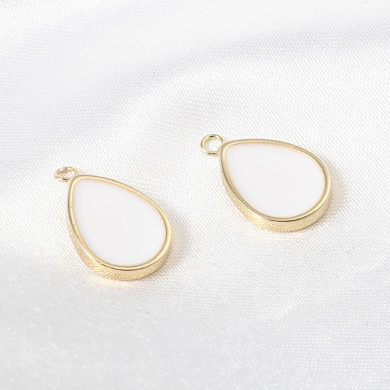 Picture of Brass Charms Drop 18K Real Gold Plated White Enamel 15mm x 10mm, 2 PCs